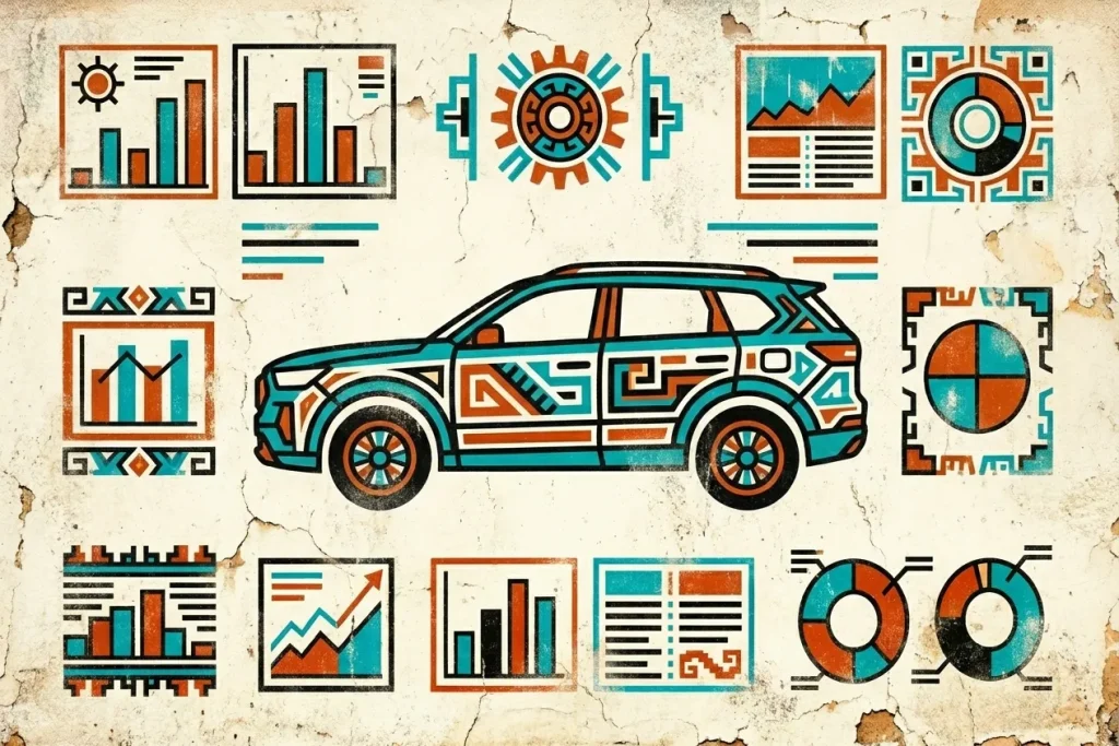 Ilustración de un vehículo GWM rodeado de gráficos y dashboards de rendimiento para análisis SEO, datos comerciales y marketing automotriz