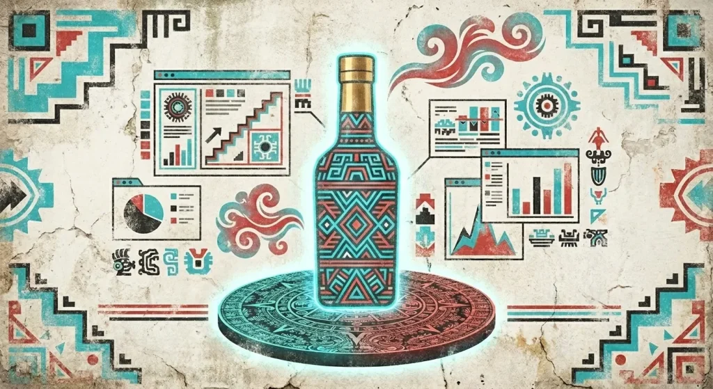 Ilustración de una botella de Tequila Olmeca producto central rodeado de dashboards, gráficos y datos de marketing digital para análisis de rendimiento y optimización
