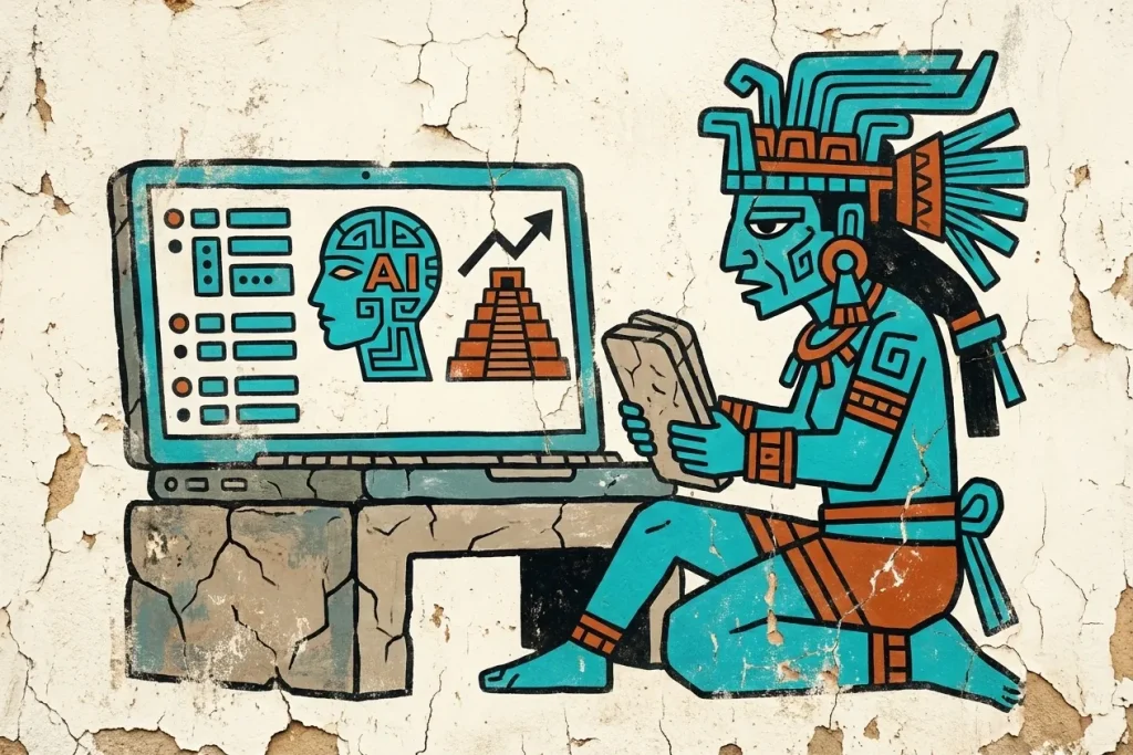 Ilustración de una guía de prompts para crear meta títulos y descripciones SEO con IA, mostrando análisis de resultados y optimización de contenido