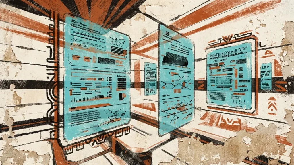 Ilustración de herramientas SEO con IA analizando dashboards, datos y contenidos digitales para optimizar una estrategia digital