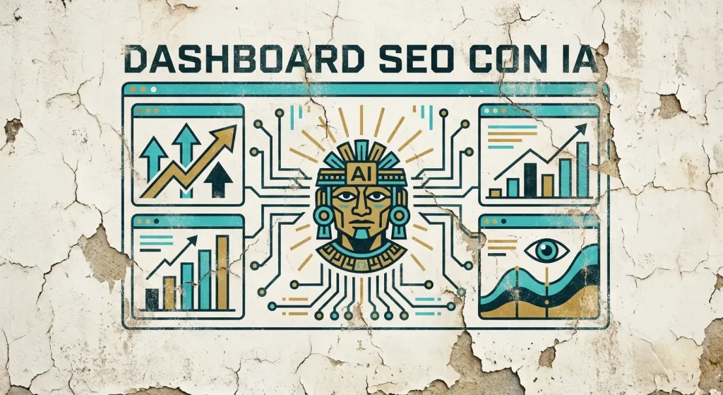 Ilustración de un dashboard SEO con IA para analizar rendimiento, crecimiento, visibilidad y métricas de optimización en buscadores