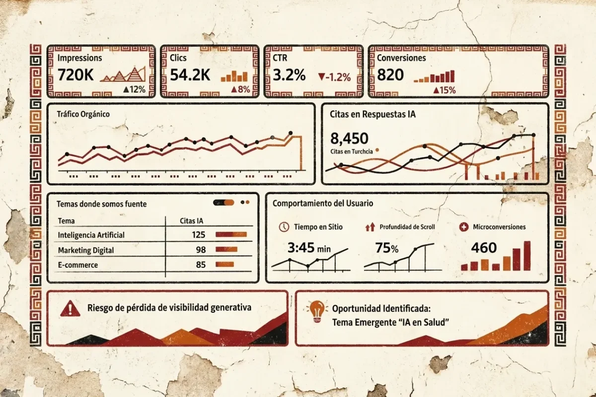Dashboard SEO con IA que muestra métricas de impresiones, clics, CTR, conversiones, tráfico orgánico, citas en respuestas de IA y oportunidades de visibilidad generativa
