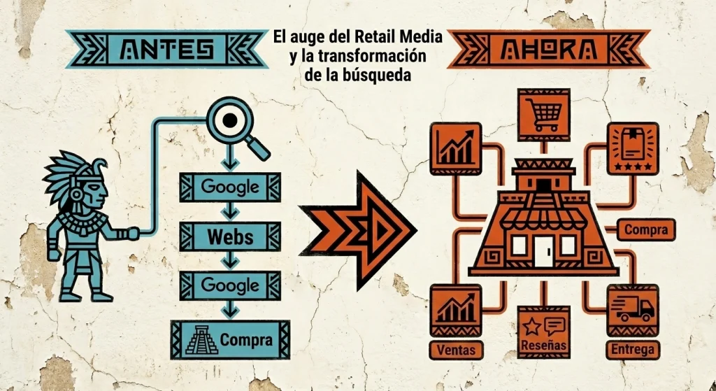 Comparación del proceso de búsqueda y compra antes y ahora, mostrando el auge del Retail Media y su impacto en ventas, reseñas, entrega y conversión
