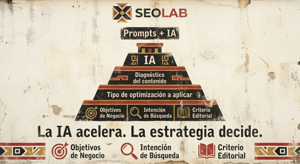 Pirámide de SEOLAB sobre prompts e IA donde la inteligencia artificial acelera el trabajo y la estrategia define objetivos de negocio, intención de búsqueda y criterio editorial