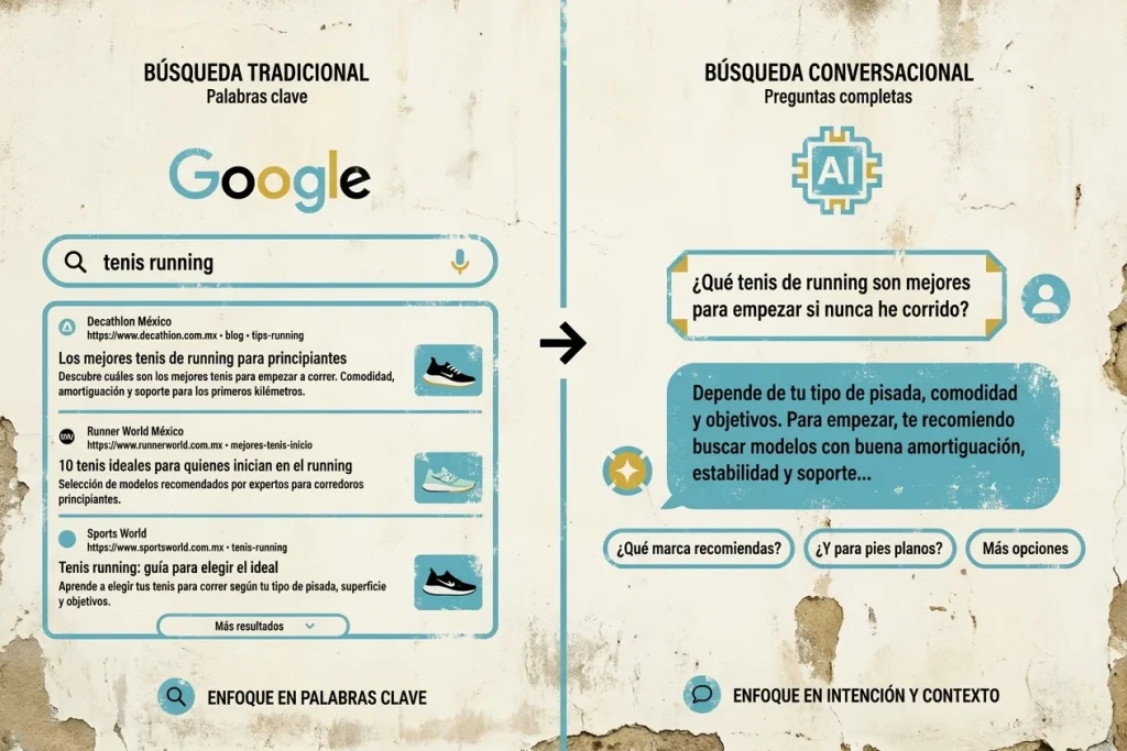 Comparación entre búsqueda tradicional por palabras clave en Google y búsqueda conversacional con inteligencia artificial basada en intención y contexto