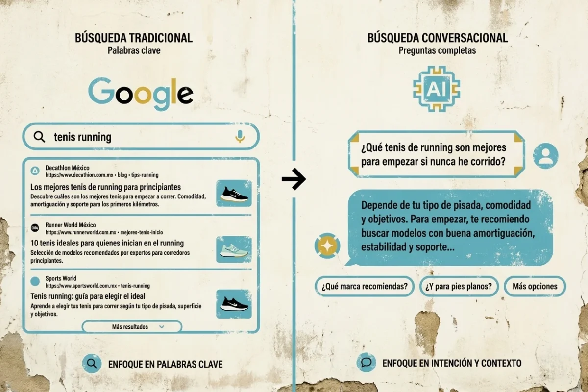 Comparación entre búsqueda tradicional por palabras clave en Google y búsqueda conversacional con inteligencia artificial basada en intención y contexto
