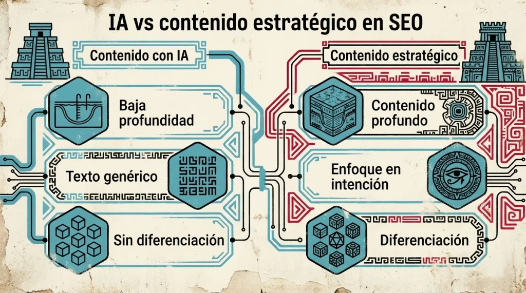 Comparación entre contenido generado con IA y contenido estratégico en SEO, destacando profundidad, intención de búsqueda y diferenciación